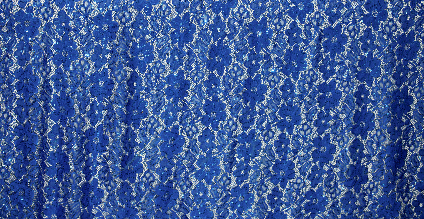 EMBROIDERED FLORAL LACE FABRIC WITH BEAD SPARKLE ROYAL BLUE 60" WIDE BY THE YARD