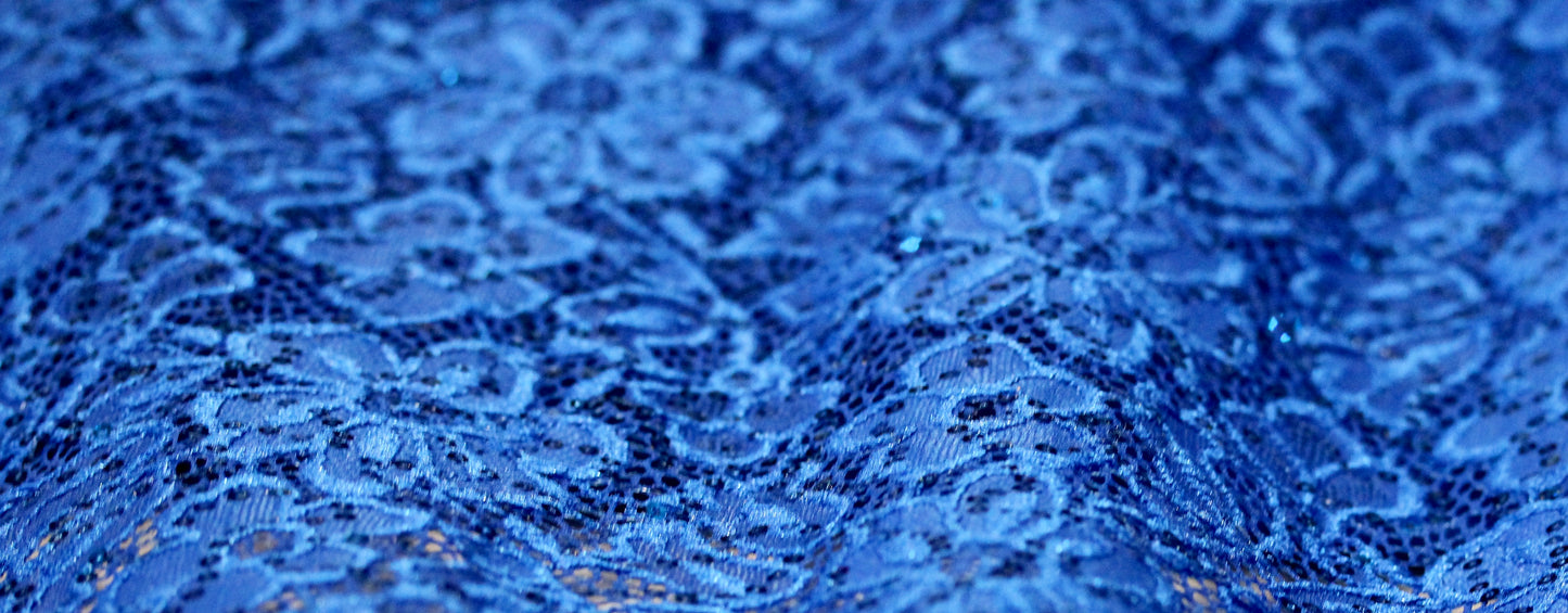 EMBROIDERED FLORAL LACE FABRIC WITH BEAD SPARKLE ROYAL BLUE 60" WIDE BY THE YARD
