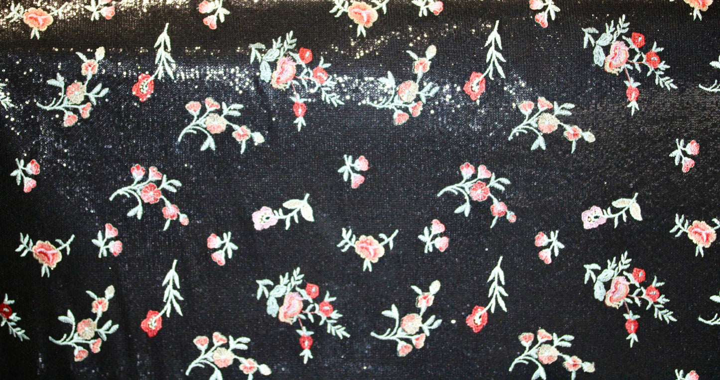 EMBROIDERED FLORAL LACE FABRIC WITH BEAD SPARKLE BLACK RED ROSES 56" WIDE BY THE YARD