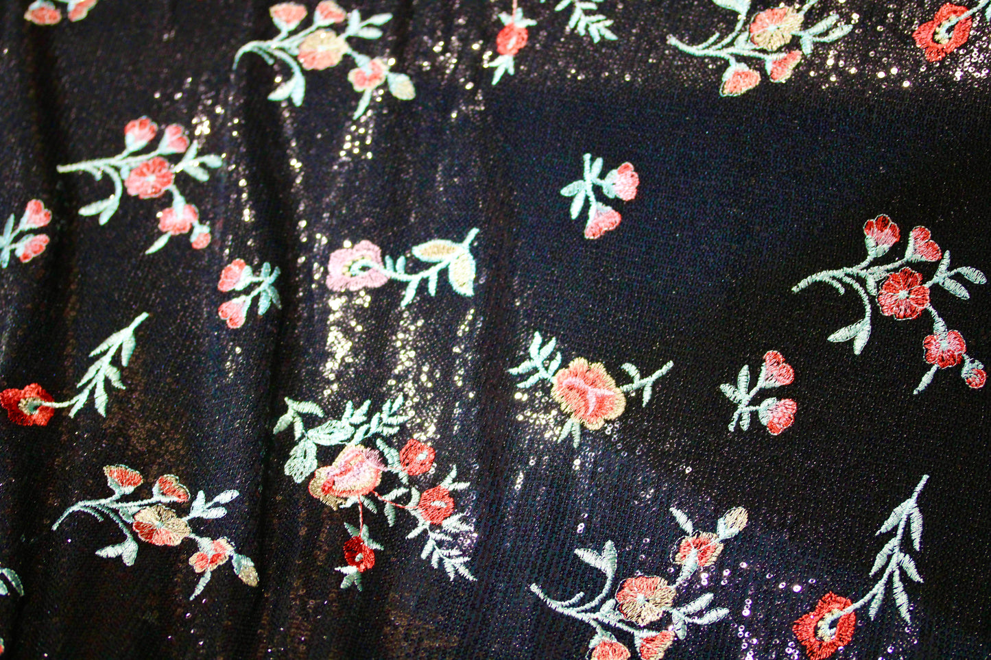 EMBROIDERED FLORAL LACE FABRIC WITH BEAD SPARKLE BLACK RED ROSES 56" WIDE BY THE YARD