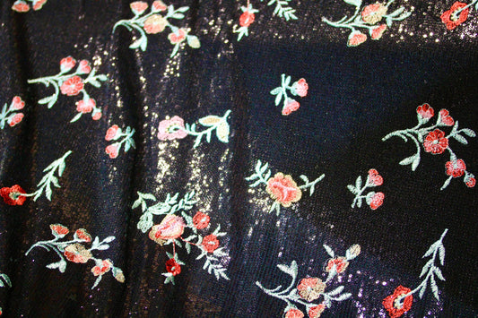 EMBROIDERED FLORAL LACE FABRIC WITH BEAD SPARKLE BLACK RED ROSES 56" WIDE BY THE YARD