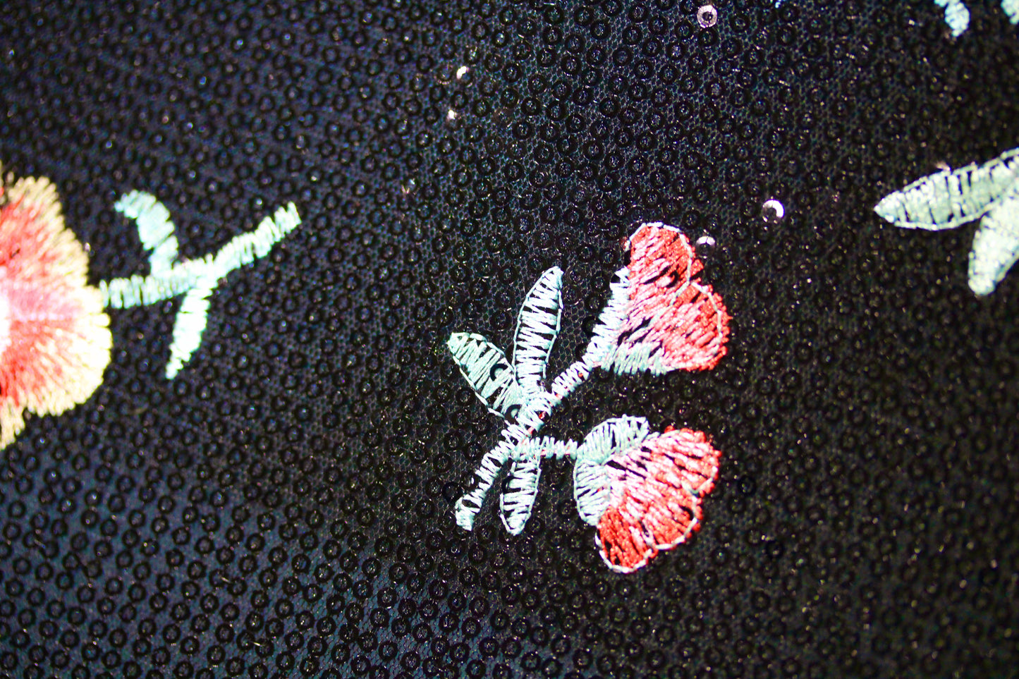 EMBROIDERED FLORAL LACE FABRIC WITH BEAD SPARKLE BLACK RED ROSES 56" WIDE BY THE YARD