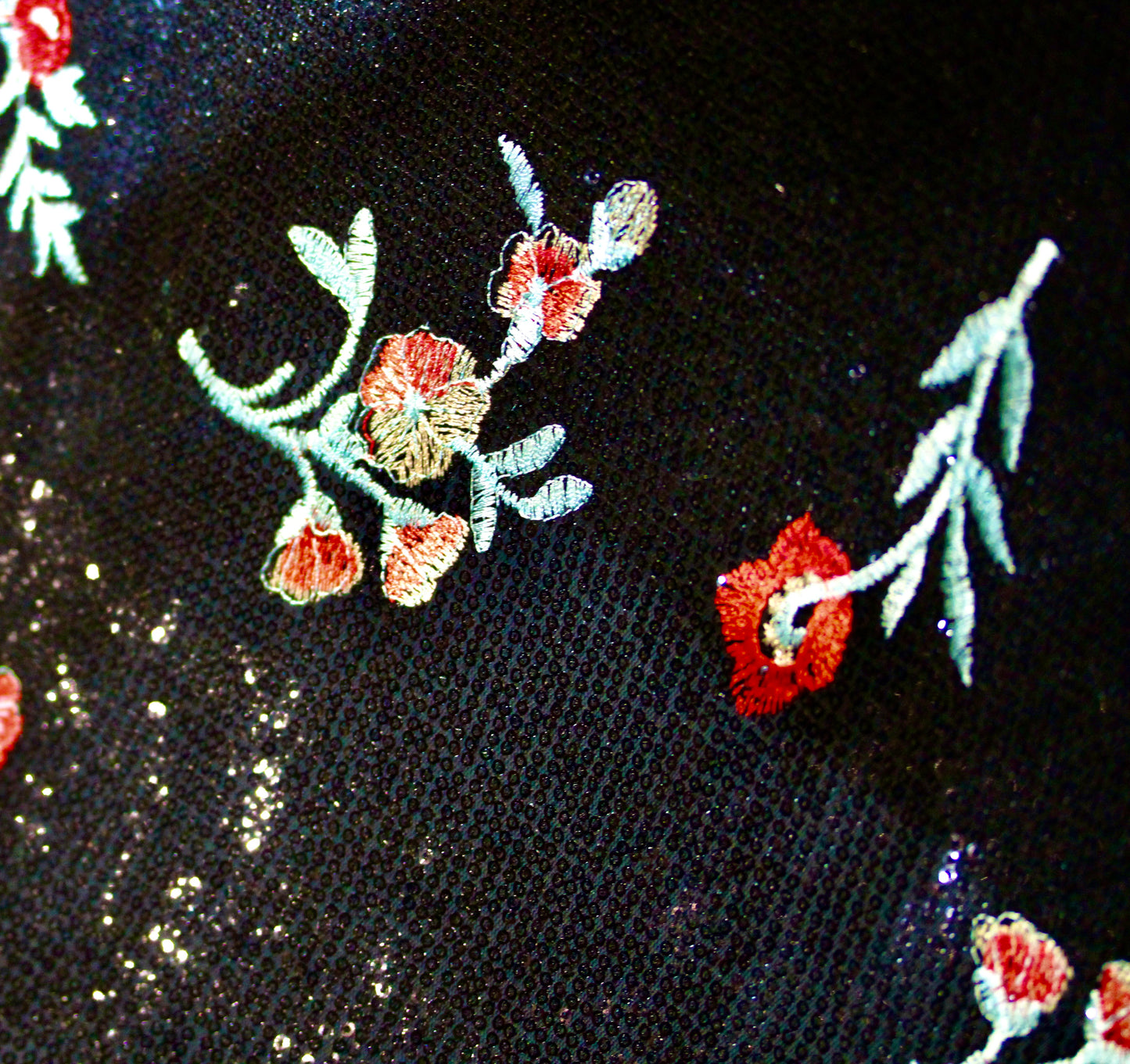 EMBROIDERED FLORAL LACE FABRIC WITH BEAD SPARKLE BLACK RED ROSES 56" WIDE BY THE YARD