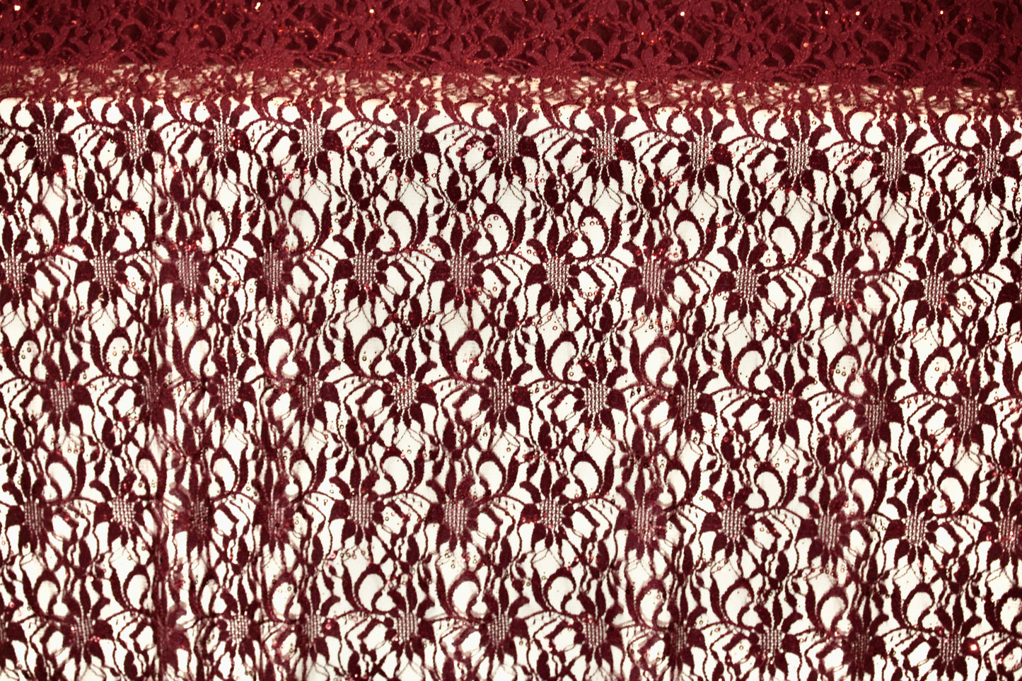 EMBROIDERED FLORAL LACE FABRIC WITH BEAD SPARKLE BURGUNDY 58" WIDE BY THE YARD