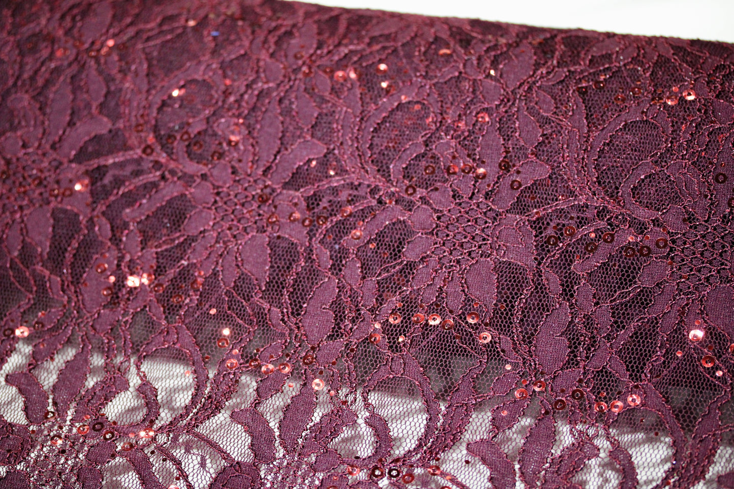 EMBROIDERED FLORAL LACE FABRIC WITH BEAD SPARKLE BURGUNDY 58" WIDE BY THE YARD