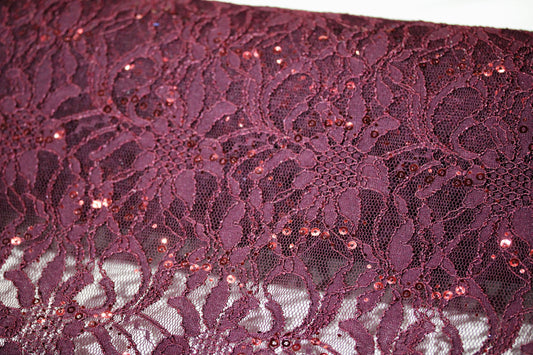 EMBROIDERED FLORAL LACE FABRIC WITH BEAD SPARKLE BURGUNDY 58" WIDE BY THE YARD