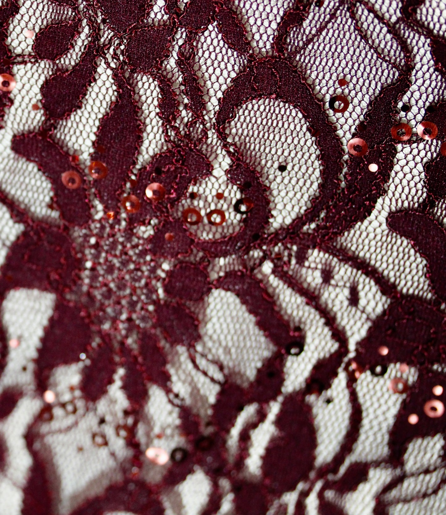 EMBROIDERED FLORAL LACE FABRIC WITH BEAD SPARKLE BURGUNDY 58" WIDE BY THE YARD
