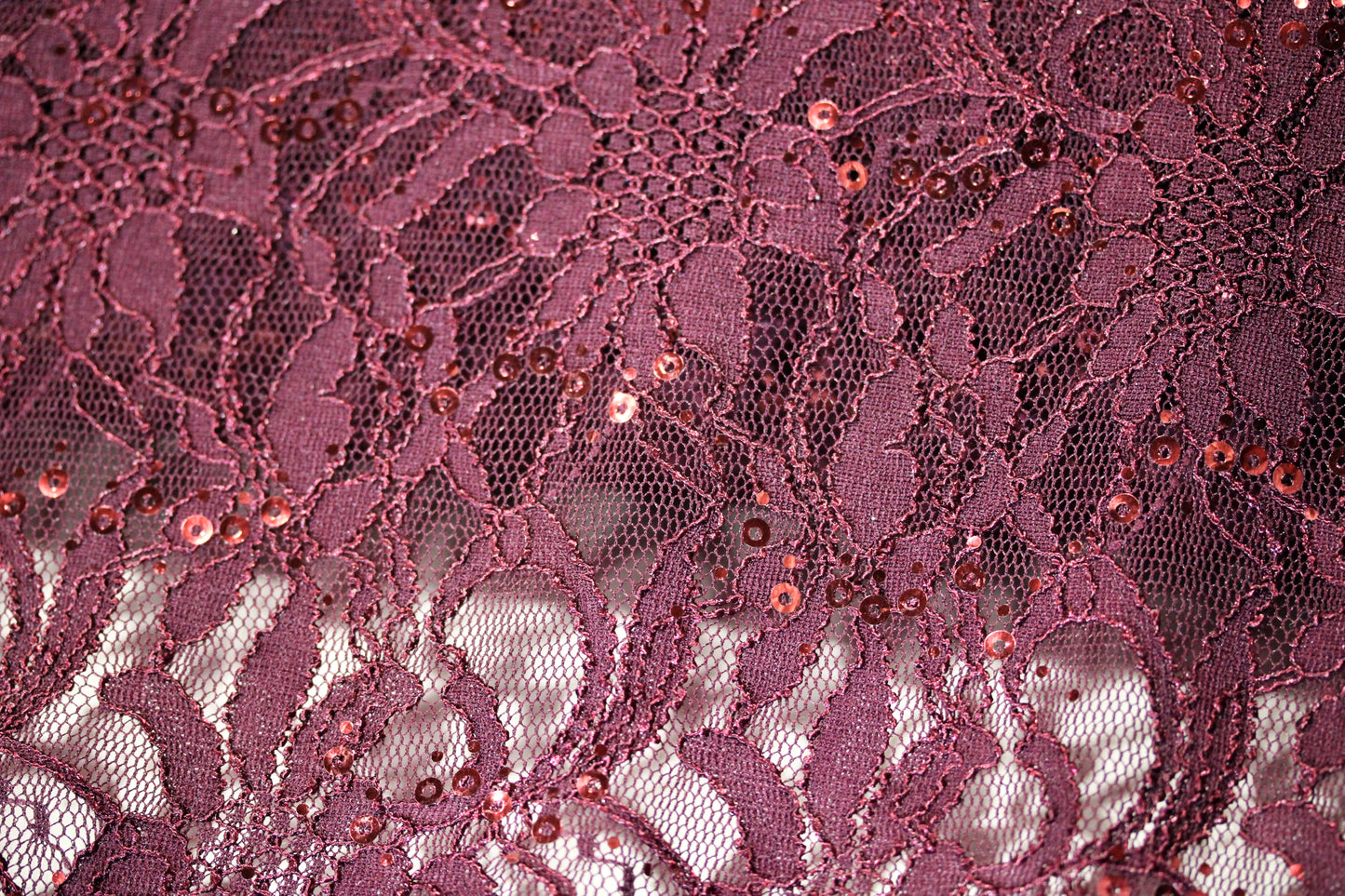 EMBROIDERED FLORAL LACE FABRIC WITH BEAD SPARKLE BURGUNDY 58" WIDE BY THE YARD