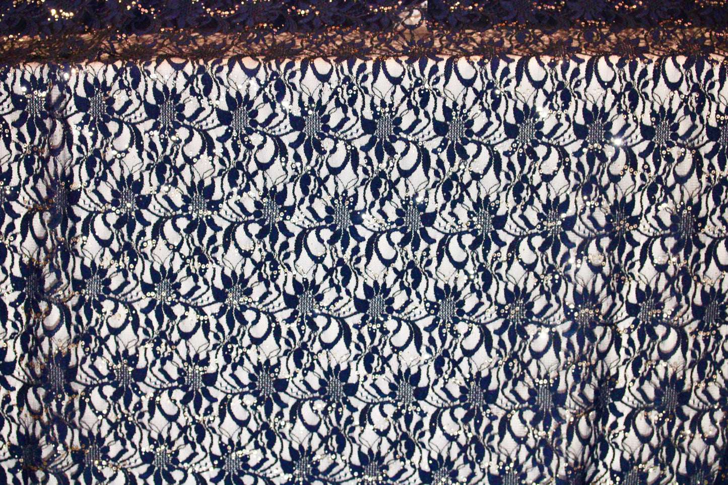 EMBROIDERED FLORAL LACE FABRIC WITH BEAD SPARKLE NAVY BLUE 56" WIDE BY THE YARD