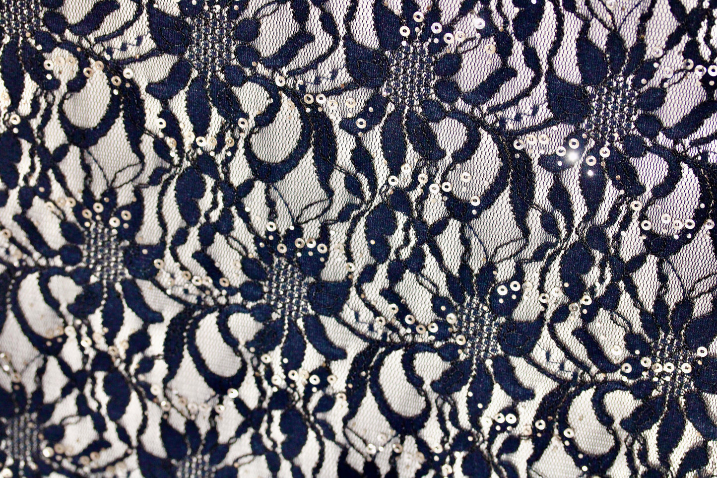 EMBROIDERED FLORAL LACE FABRIC WITH BEAD SPARKLE NAVY BLUE 56" WIDE BY THE YARD