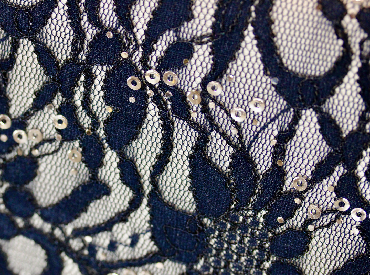 EMBROIDERED FLORAL LACE FABRIC WITH BEAD SPARKLE NAVY BLUE 56" WIDE BY THE YARD