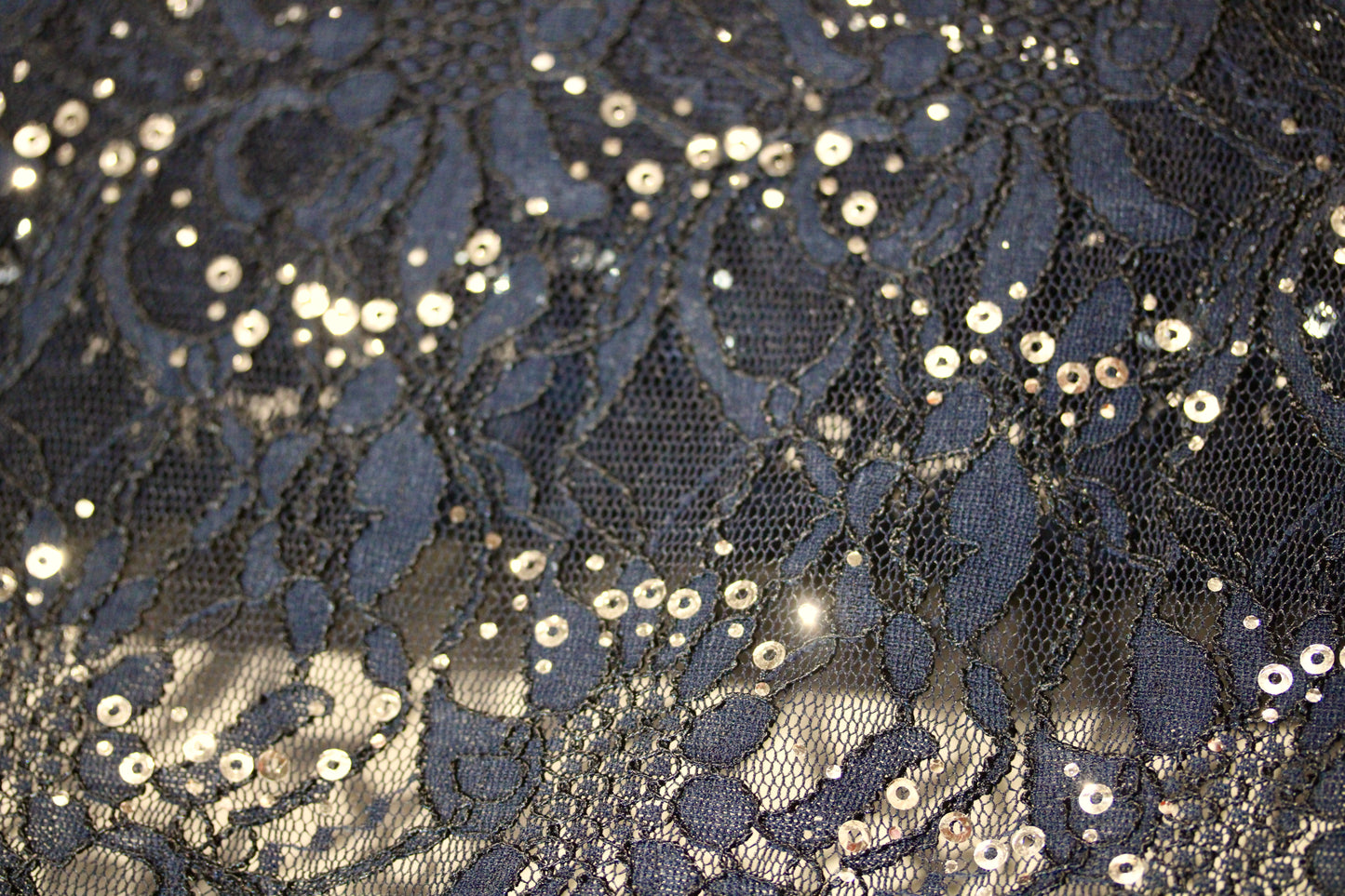 EMBROIDERED FLORAL LACE FABRIC WITH BEAD SPARKLE NAVY BLUE 56" WIDE BY THE YARD