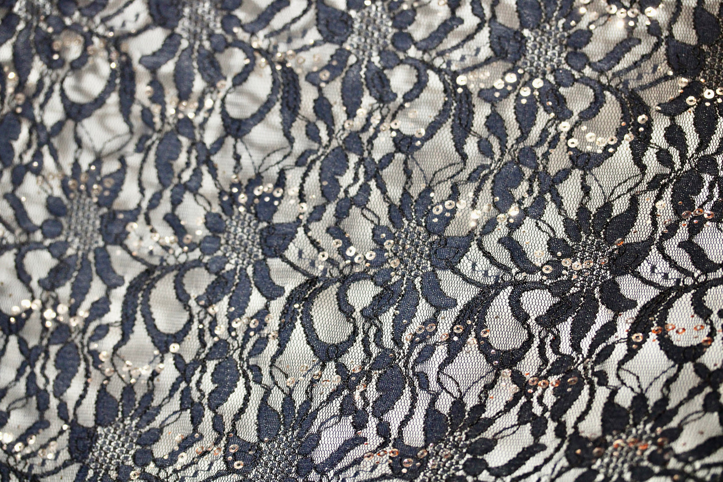 EMBROIDERED FLORAL LACE FABRIC WITH BEAD SPARKLE NAVY BLUE 56" WIDE BY THE YARD