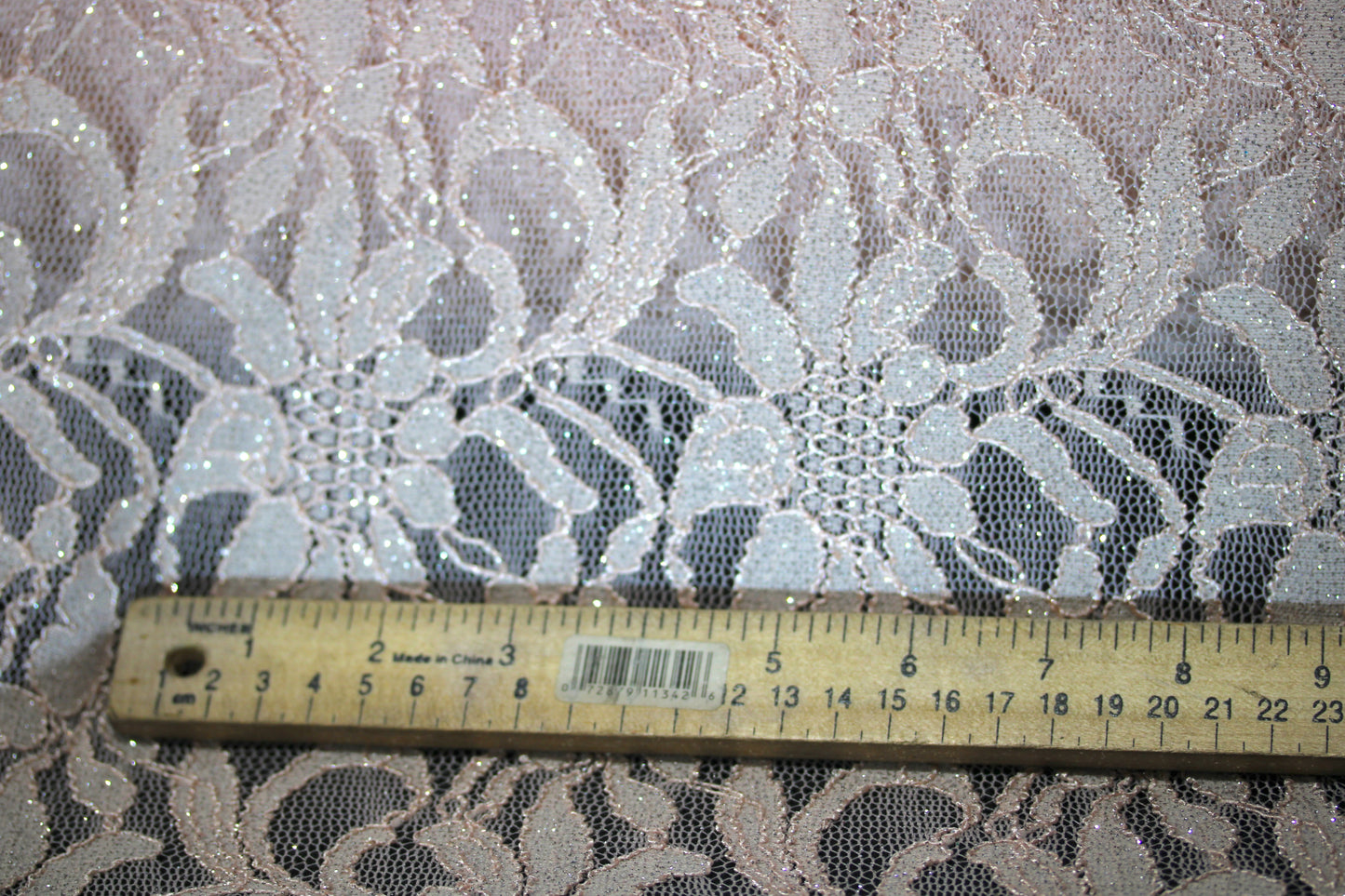 EMBROIDERED FLORAL LACE FABRIC WITH BEAD SPARKLE LIGHT PEACH 55" WIDE BY THE YARD