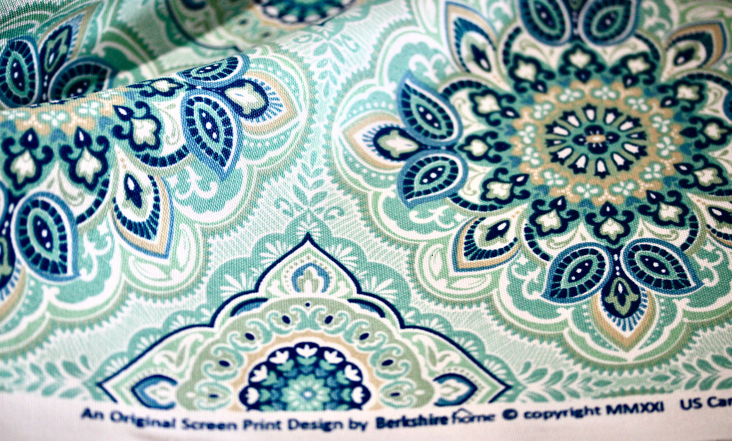 BERKSHIRE HOME WAM PUM TEAL PRINTED UPHOLSTERY FABRIC 55" WIDE BY THE YARD