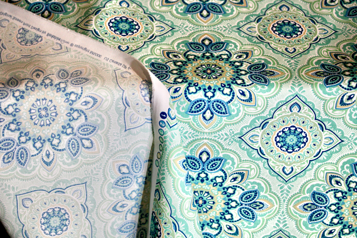BERKSHIRE HOME WAM PUM TEAL PRINTED UPHOLSTERY FABRIC 55" WIDE BY THE YARD