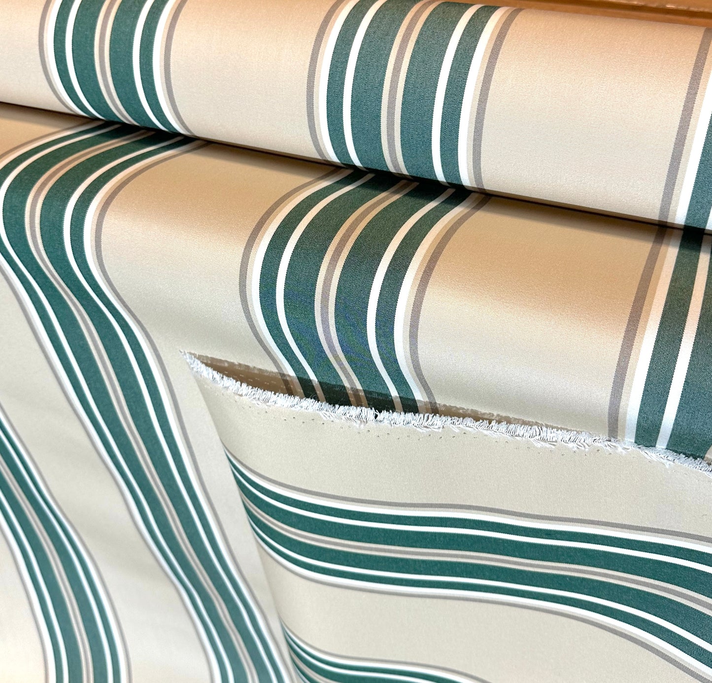 SUNBRELLA SHADE OUTDOOR WATERPROOF FABRIC 4932-0000 FANCY STRIPED FOREST GREEN BEIGE NATURAL 47" WIDE BY THE YARD