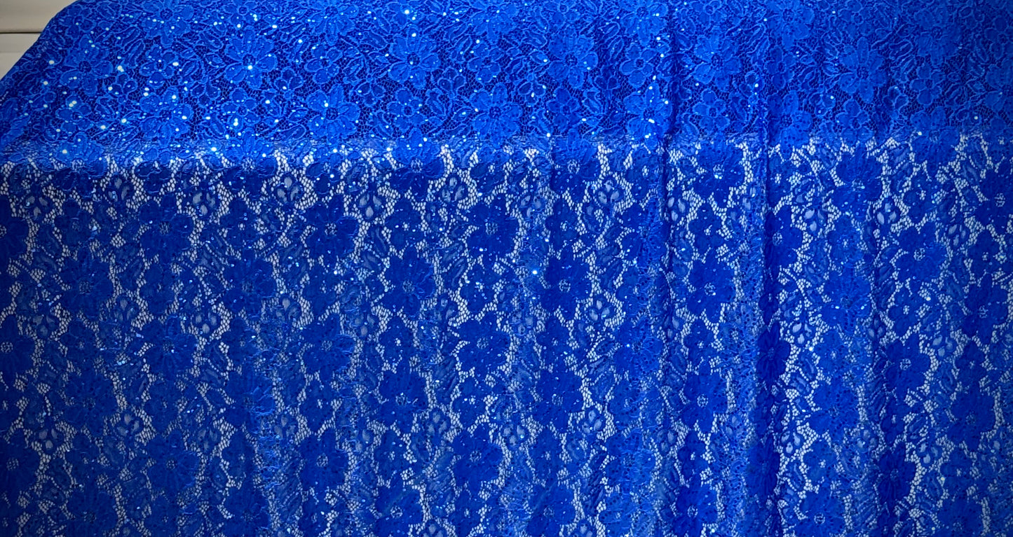 EMBROIDERED FLORAL LACE FABRIC WITH BEAD SPARKLE ROYAL BLUE 60" WIDE BY THE YARD
