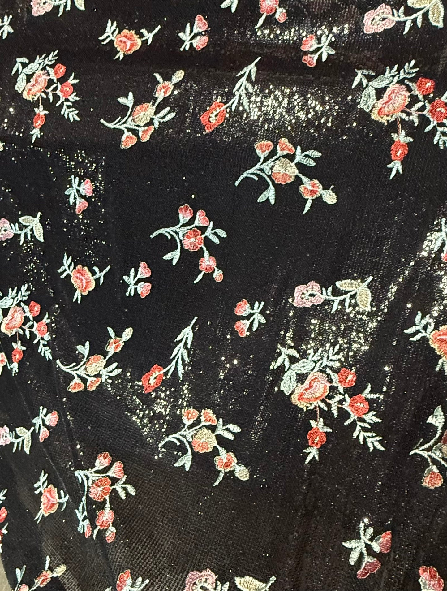 EMBROIDERED FLORAL LACE FABRIC WITH BEAD SPARKLE BLACK RED ROSES 56" WIDE BY THE YARD