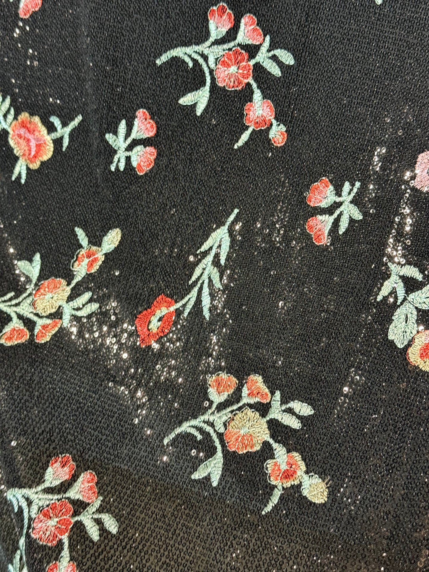 EMBROIDERED FLORAL LACE FABRIC WITH BEAD SPARKLE BLACK RED ROSES 56" WIDE BY THE YARD