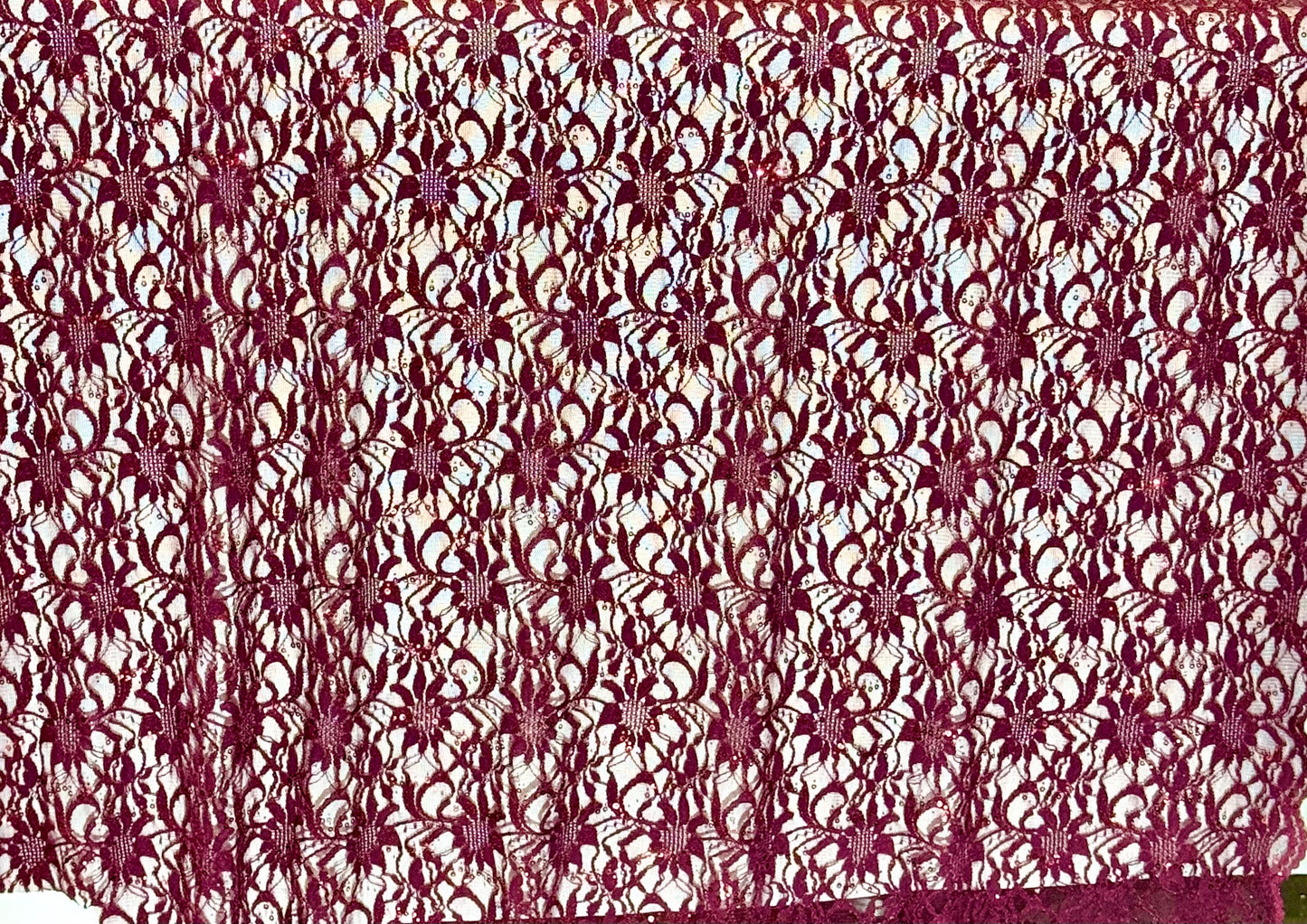EMBROIDERED FLORAL LACE FABRIC WITH BEAD SPARKLE BURGUNDY 58" WIDE BY THE YARD