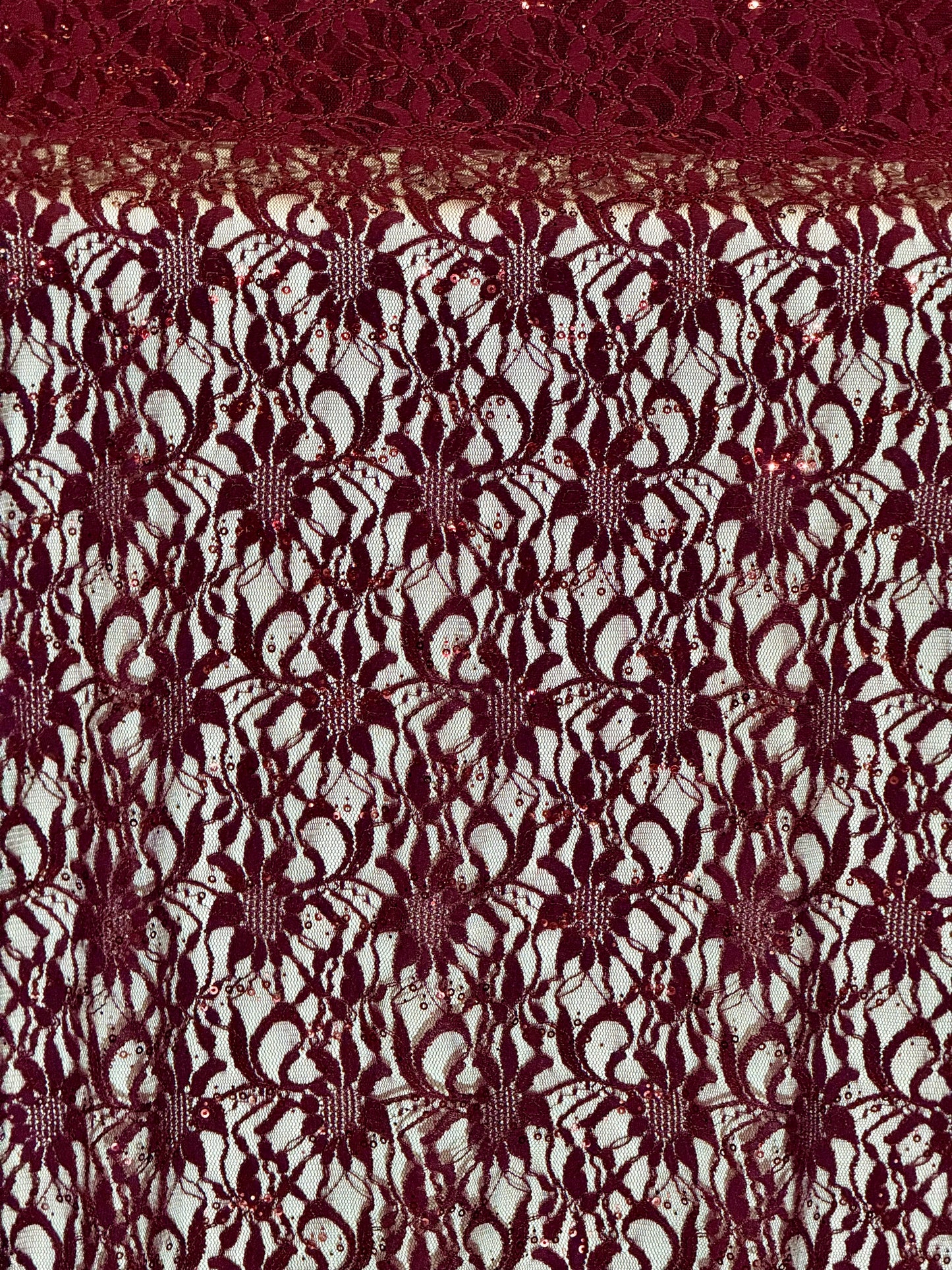 EMBROIDERED FLORAL LACE FABRIC WITH BEAD SPARKLE BURGUNDY 58" WIDE BY THE YARD