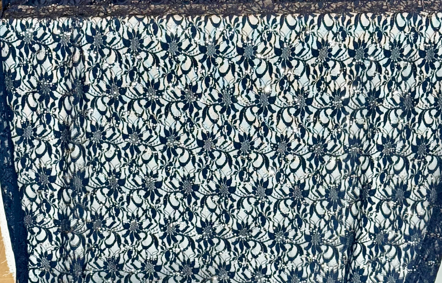 EMBROIDERED FLORAL LACE FABRIC WITH BEAD SPARKLE NAVY BLUE 56" WIDE BY THE YARD