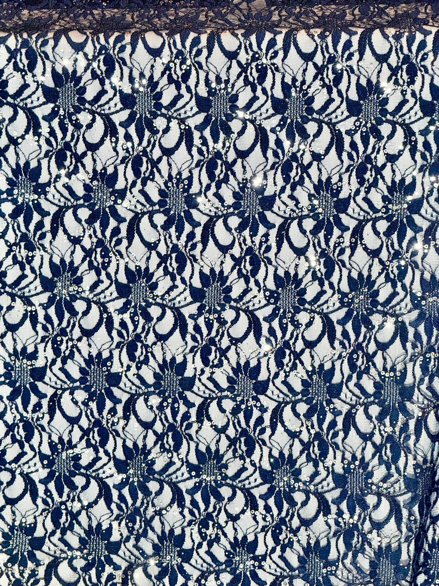 EMBROIDERED FLORAL LACE FABRIC WITH BEAD SPARKLE NAVY BLUE 56" WIDE BY THE YARD