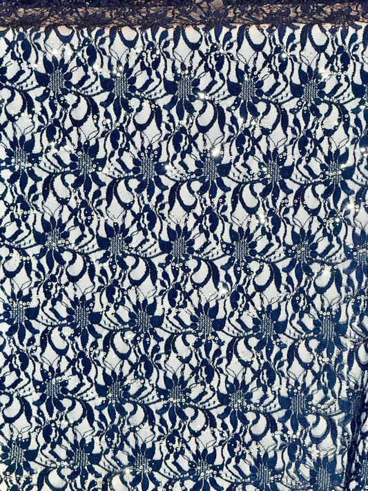 EMBROIDERED FLORAL LACE FABRIC WITH BEAD SPARKLE NAVY BLUE 56" WIDE BY THE YARD