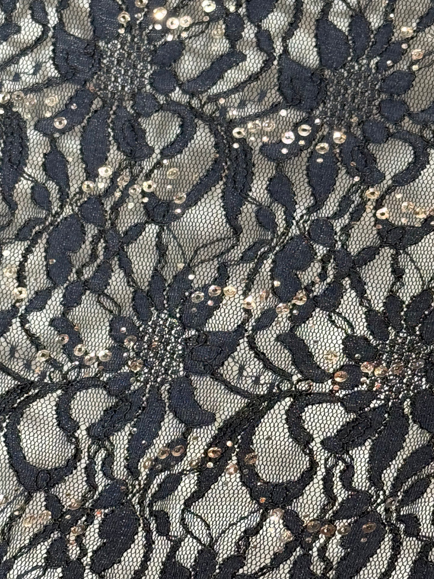 EMBROIDERED FLORAL LACE FABRIC WITH BEAD SPARKLE NAVY BLUE 56" WIDE BY THE YARD