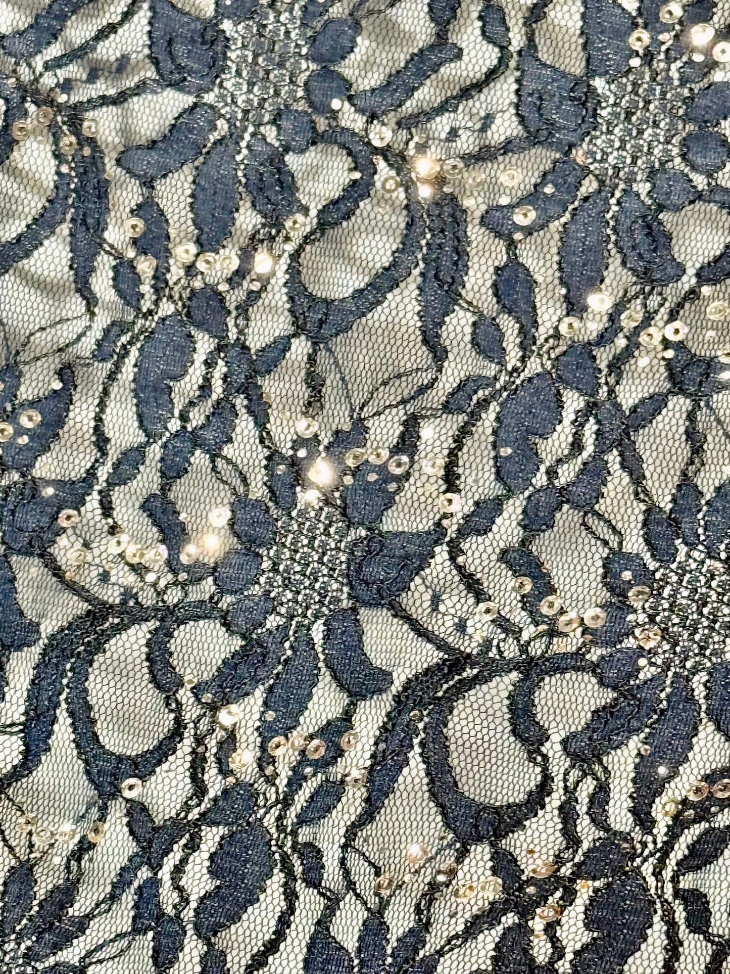 EMBROIDERED FLORAL LACE FABRIC WITH BEAD SPARKLE NAVY BLUE 56" WIDE BY THE YARD