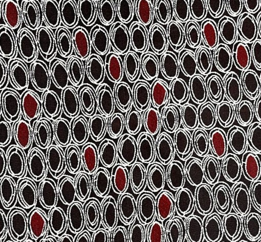 UPHOLSTERY JACQUARD CHENILLE STYLE EMBROIDERED CIRCLES BLACK WHITE RED 57" BTY