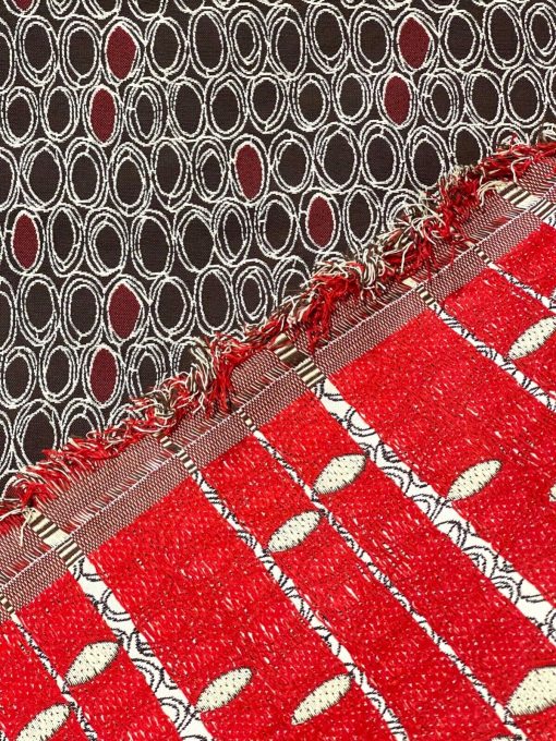 UPHOLSTERY JACQUARD CHENILLE STYLE EMBROIDERED CIRCLES BLACK WHITE RED 57" BTY