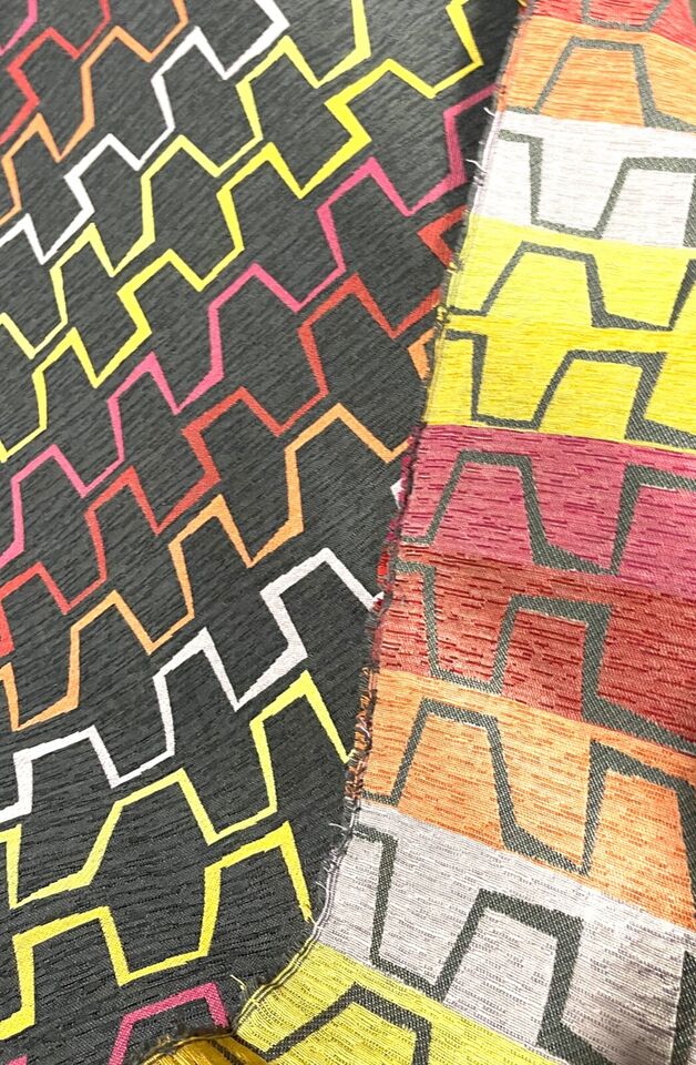 UPHOLSTERY CHENILLE STYLE EMBROIDERED GEOMETRIC CHARCOAL MULTICOLOR 57" WIDE