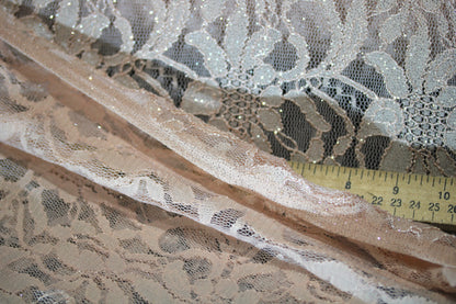 EMBROIDERED FLORAL LACE FABRIC WITH BEAD SPARKLE LIGHT PEACH 55" WIDE BY THE YARD