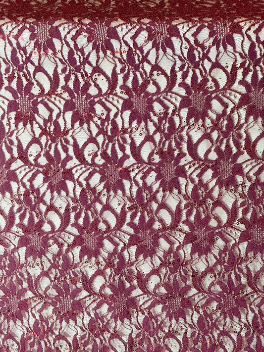EMBROIDERED FLORAL LACE FABRIC WITH BEAD SPARKLE SOFT WINE 56" WIDE BY THE YARD (Copy)